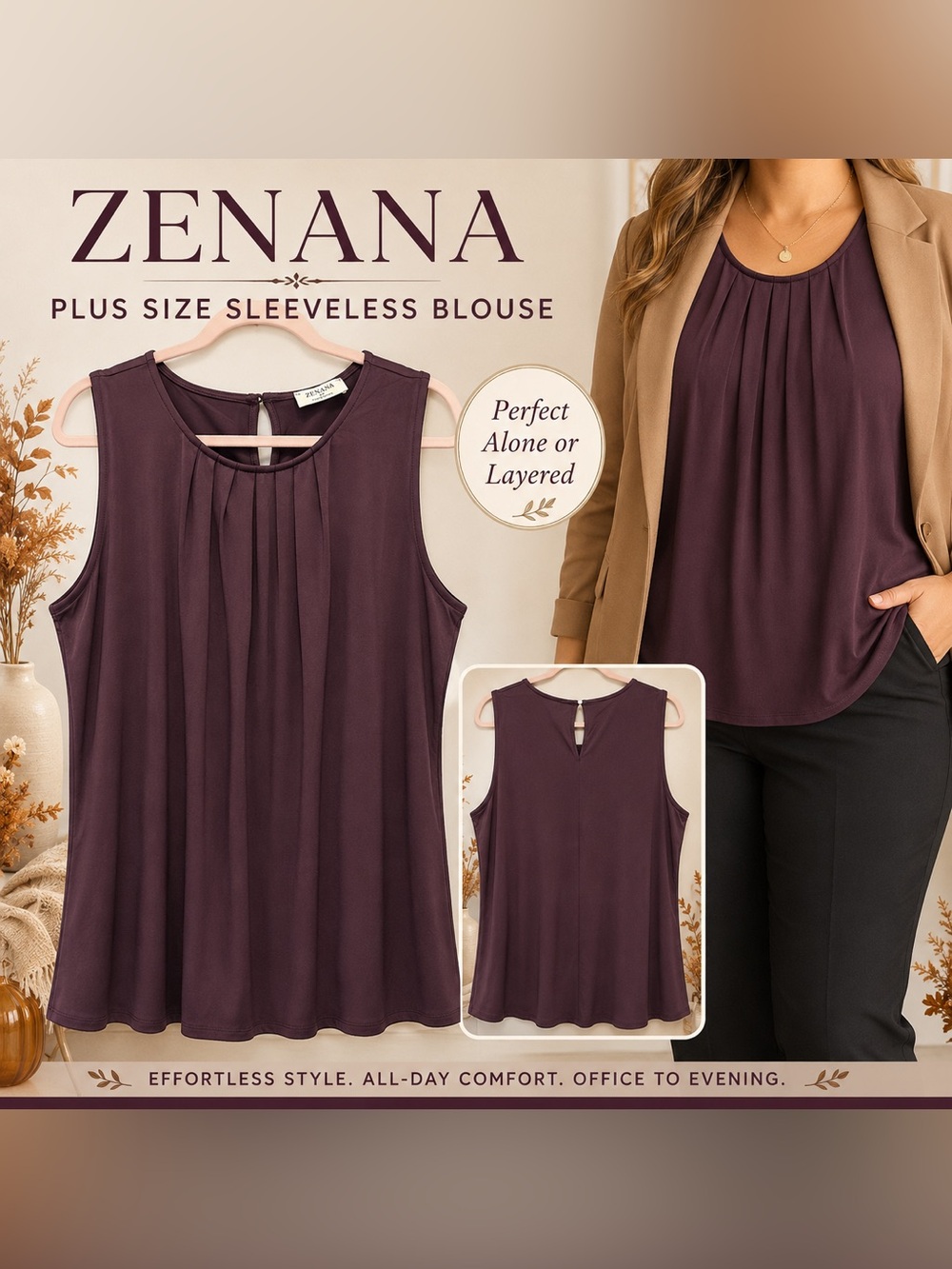 Zenana Outfitters Sleeveless Pleated Blouse — Plum